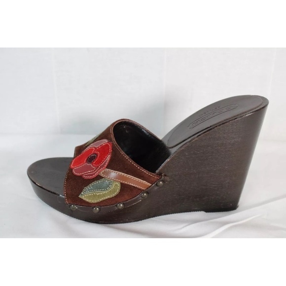 Coach Floral Suede Patchwork Wooden Wedge Sandal Size 6.5 - Picture 7 of 15